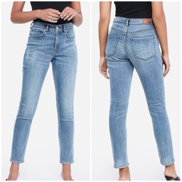 EXPRESS Blue Fleece-Lined Denim Jean Leggings Mid-Rise Raw Hem - Picture 1 of 9